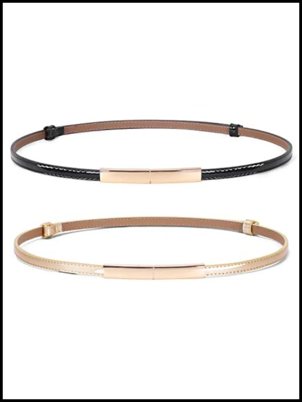 Skinny Patent Leather Belt for Women, Adjustable Waist Belt, Gold Buckle, 2 Pack
